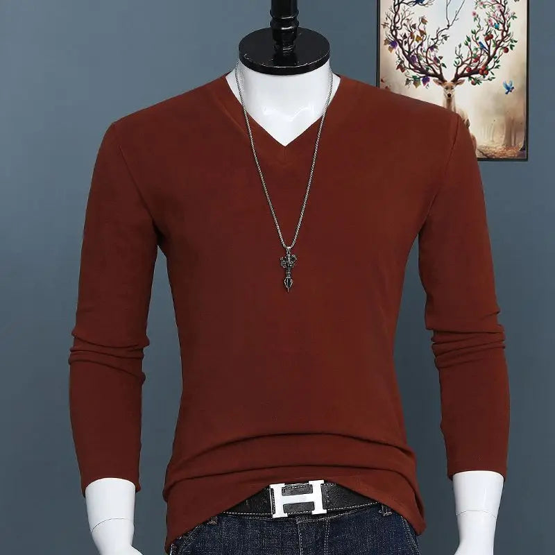 Harajuku Fashion 2023 New Men's V-neck T-shirt Crossfit Pure Color Slim Long Sleeve Tee Classic Oversized Oversized T Shirt
