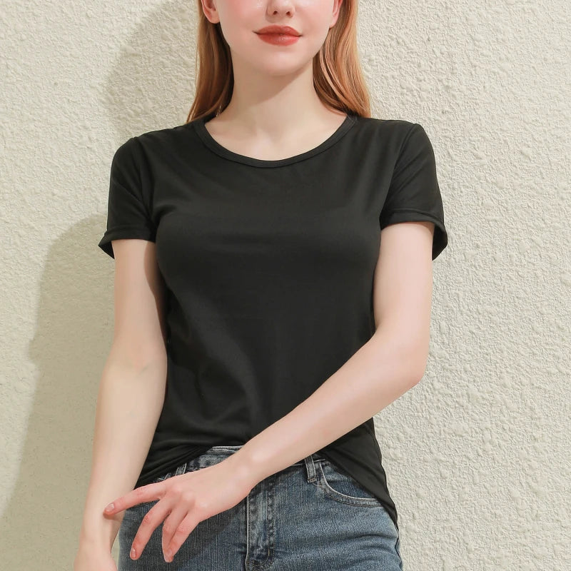 2025 Short T-Shirts Summer Women's Short Sleeve Round Neck Casual Blouse Shirts Solid Color Tops  Black / White
