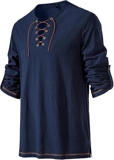 Men's Medieval Lace Up Tunic Shirt Renaissance Viking Pirate Costume Long Sleeve Retro Tops with Belt for Halloween Cosplay