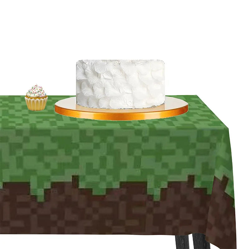 Pixel Miner Style Birthday Party Grass Tablecloth Gamer Birthday Decorations, Mining Craft Party Supplies Pixel Miner Party