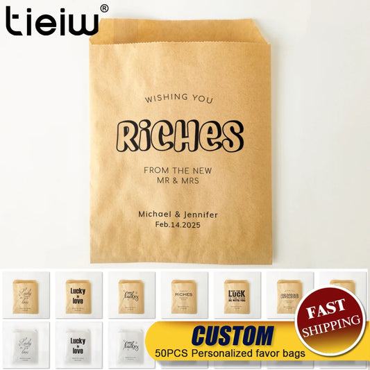 50PCS Personalized Wedding Favor Bags Custom Name Date Lottery Game Kraft Paper Perfect for Weddings Engagements Bridal Showers