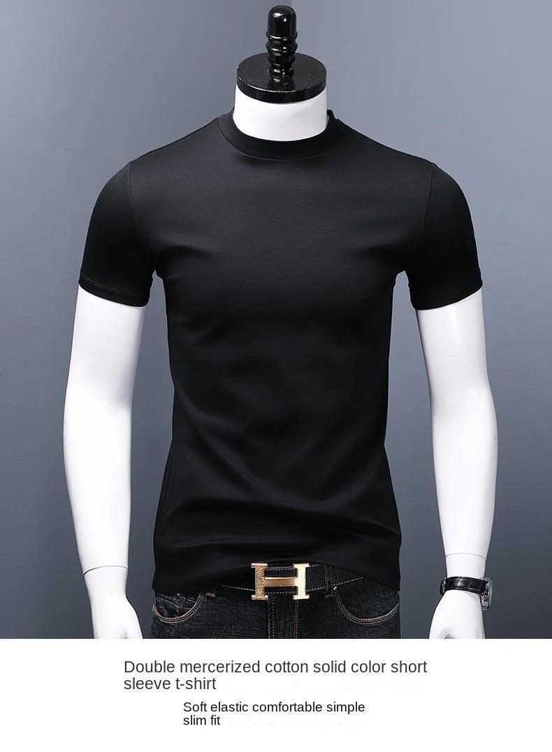 Men's Casual Turtleneck T-Shirts Short Sleeve Solid Slim Fit Silk High Neck Tops Inner Wear Trendy Round Neck Base Layer Shirt