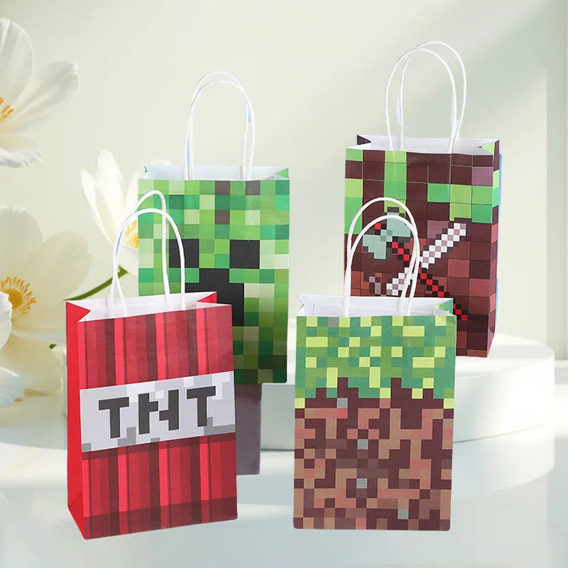 NEW Minecraft Themed Steve Creeper Lawn Handles Kraft Paper Gift Bags Birthday Party Goodie Treat Bags Pixel Game Party Supplies