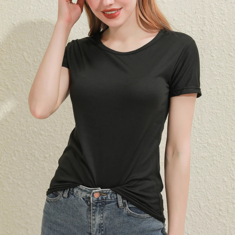 2025 Short T-Shirts Summer Women's Short Sleeve Round Neck Casual Blouse Shirts Solid Color Tops  Black / White
