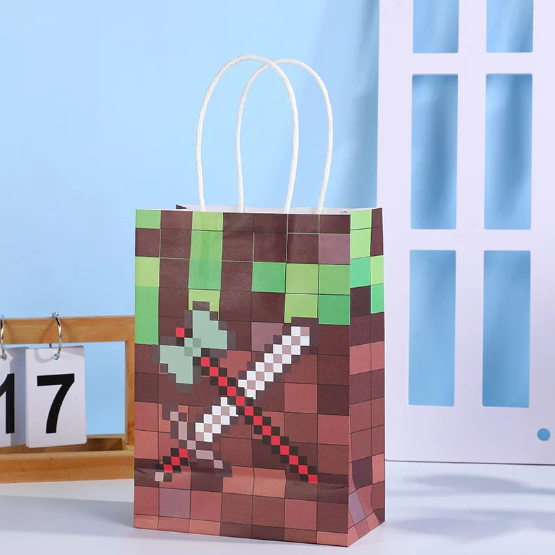 NEW Minecraft Themed Steve Creeper Lawn Handles Kraft Paper Gift Bags Birthday Party Goodie Treat Bags Pixel Game Party Supplies
