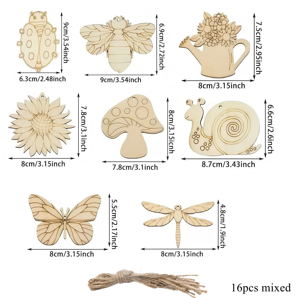 16pcs/set Spring Flower Wooden Ornament Cartoon Unpainted Butterly/Insect/Flower Hanging Crafts for Easter Spring Party Decor