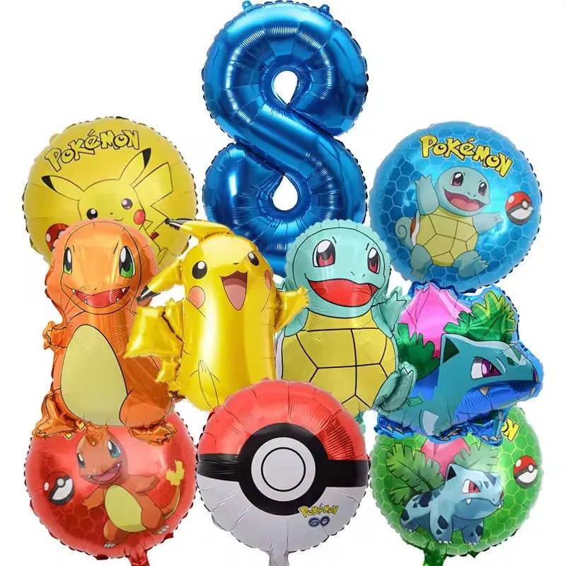 10pcs Pokemon Balloons set Pikachu Pokemon Ball Balloons 32inch Blue Number Balloon for Kids 1-9th Birthday Party Decoration