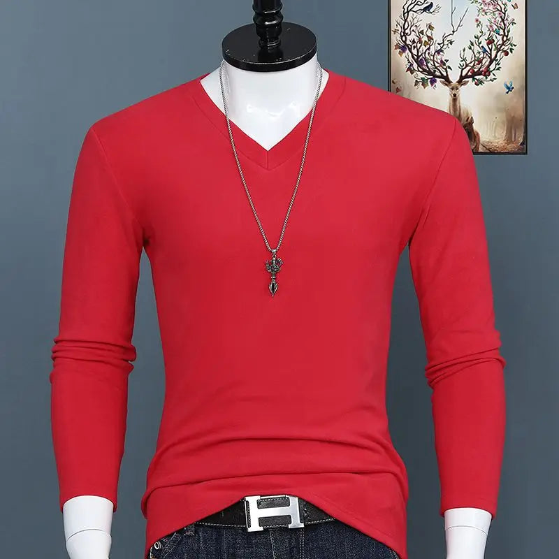 Harajuku Fashion 2023 New Men's V-neck T-shirt Crossfit Pure Color Slim Long Sleeve Tee Classic Oversized Oversized T Shirt
