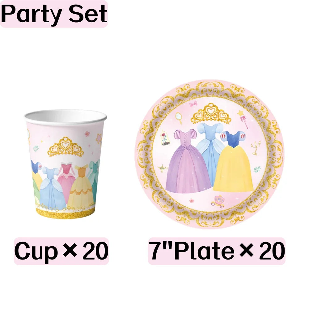 Princess Birthday Party Decorations Kit Paper Cup Plate Napkin Tablecloth  Banner Pink Party Supplies Disposable Dinnerware Set