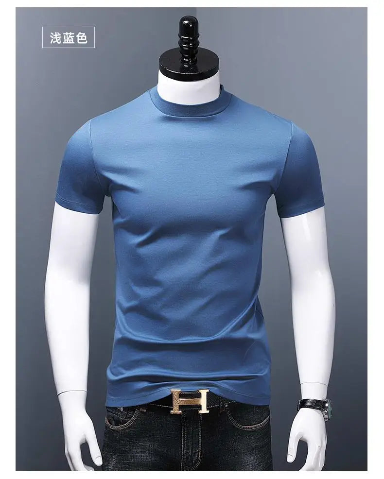 Men's Casual Turtleneck T-Shirts Short Sleeve Solid Slim Fit Silk High Neck Tops Inner Wear Trendy Round Neck Base Layer Shirt