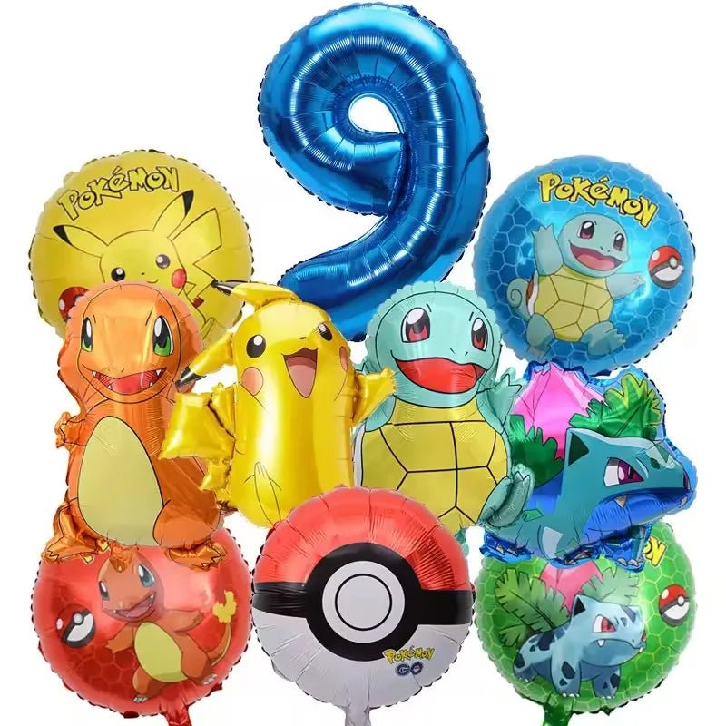 10pcs Pokemon Balloons set Pikachu Pokemon Ball Balloons 32inch Blue Number Balloon for Kids 1-9th Birthday Party Decoration