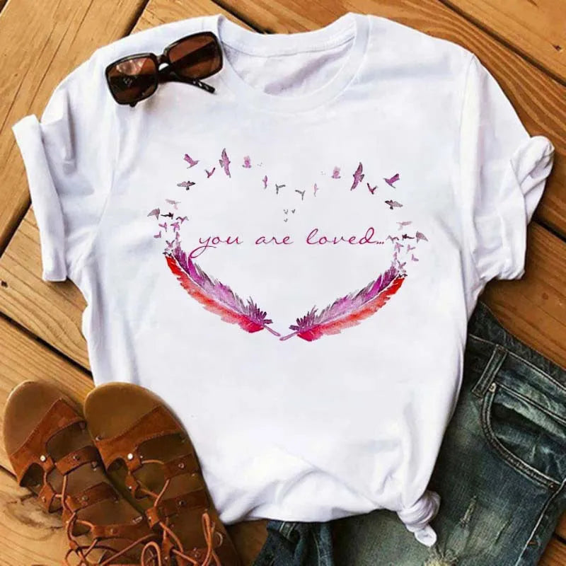 Women's Simple T-shirt Half Sleeve Colorful Flower Butterfly Art Feather Print Short Sleeve T-shirt Tops  Oversized T Shirt