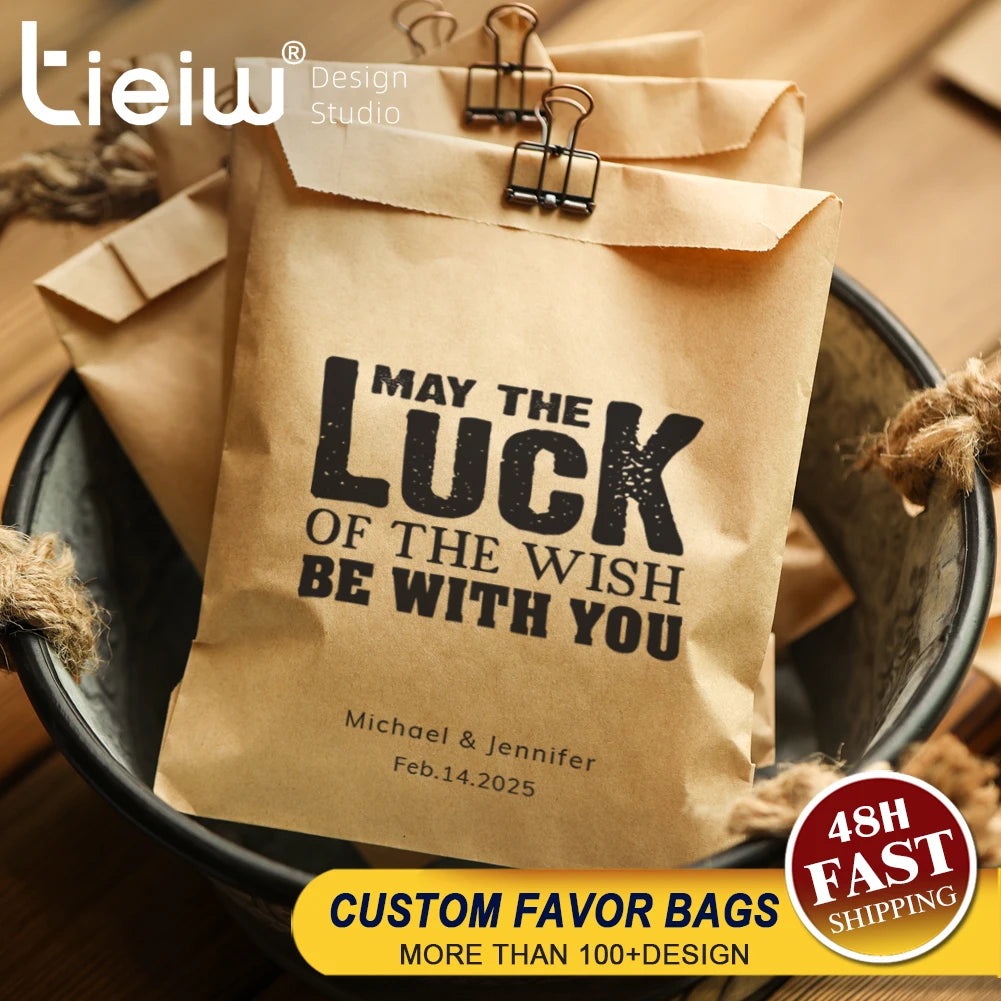 50PCS Personalized Wedding Favor Bags Custom Name Date Lottery Game Kraft Paper Perfect for Weddings Engagements Bridal Showers