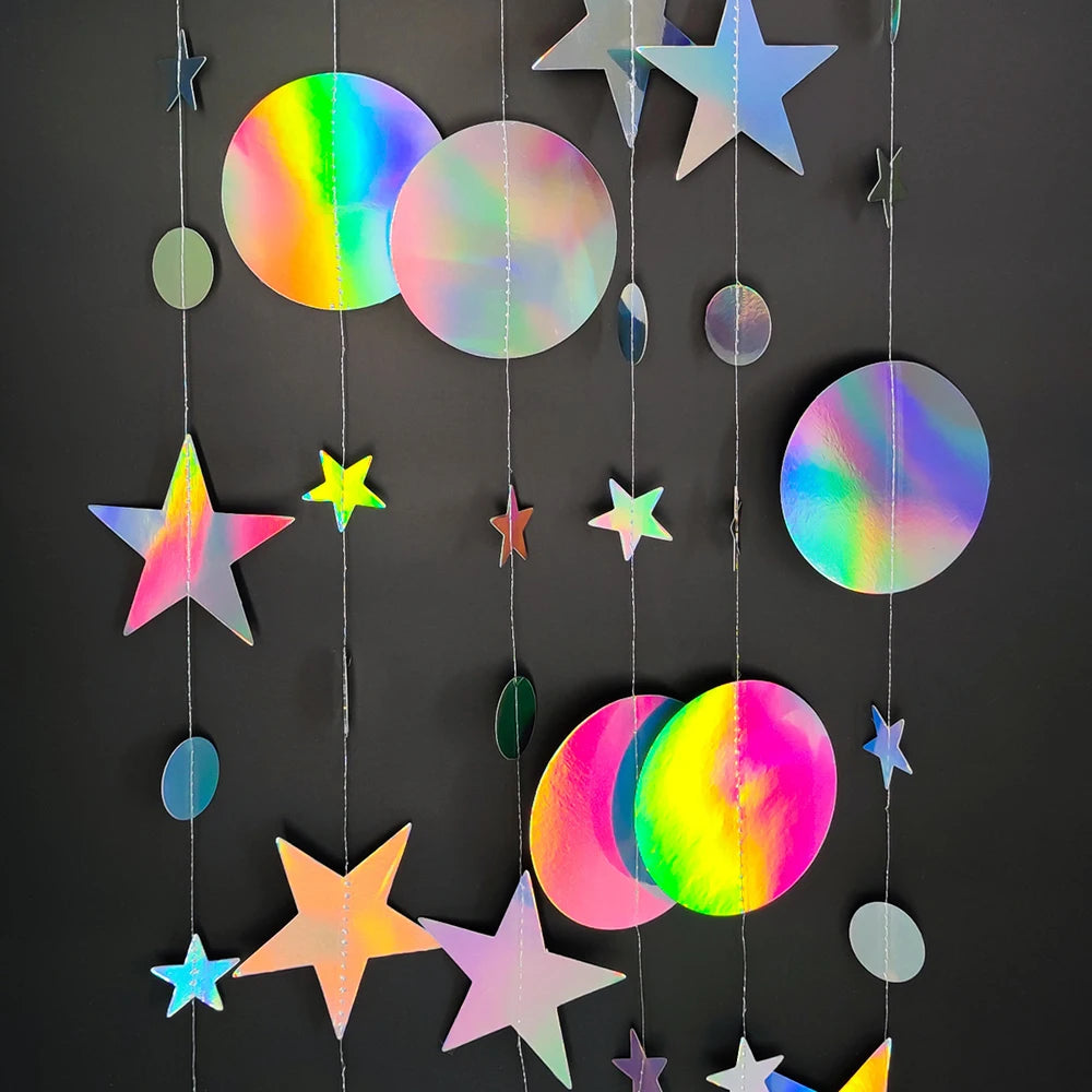4M Silver Iridescent Paper Garland Star Round String Banners Wedding Birthday Party Home Hanging Decorations Baby Shower Favors