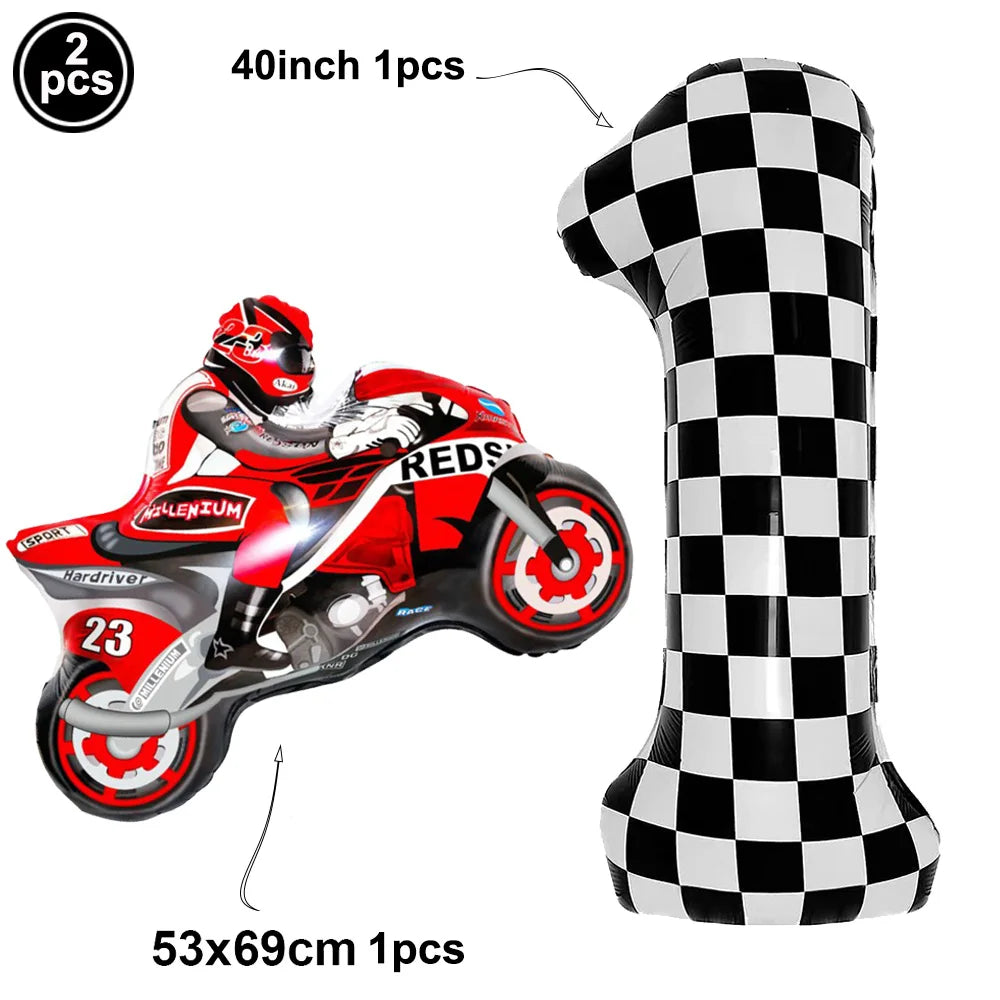 2Pcs Motorcycle Balloon Dirt Bike Foil Balloon Black and White Checkered Number Ballons Motorbike Birthday Racing Party Supplies