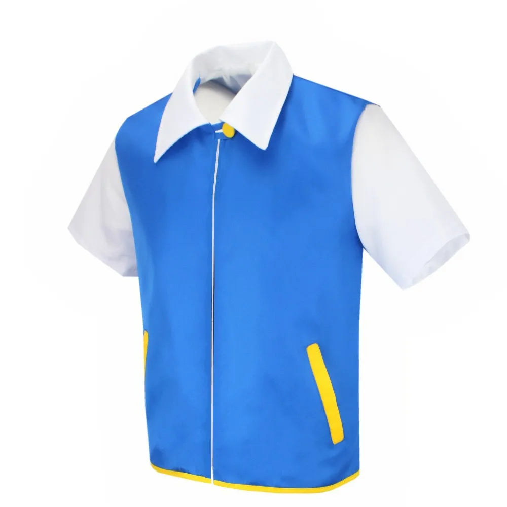 Anime Blue JacketP-PokemonING Go Men Cosplay Costume Boys Ash Ketchum For Halloween Party Trainer Gloves Cap Set Christmas Gift