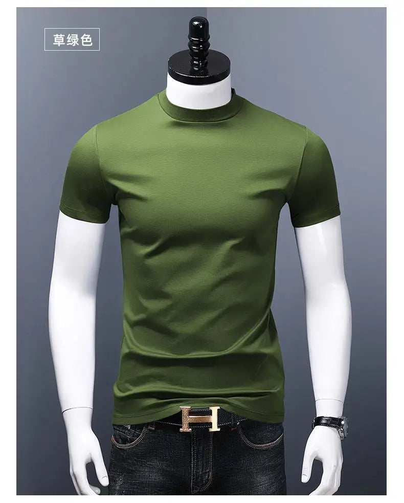 Men's Casual Turtleneck T-Shirts Short Sleeve Solid Slim Fit Silk High Neck Tops Inner Wear Trendy Round Neck Base Layer Shirt