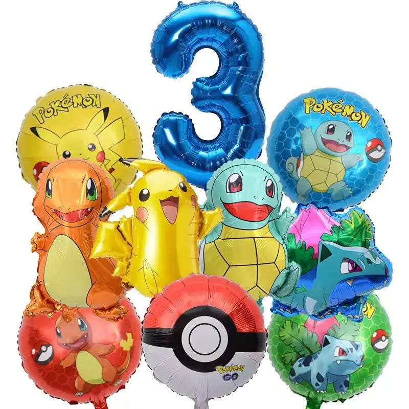 10pcs Pokemon Balloons set Pikachu Pokemon Ball Balloons 32inch Blue Number Balloon for Kids 1-9th Birthday Party Decoration