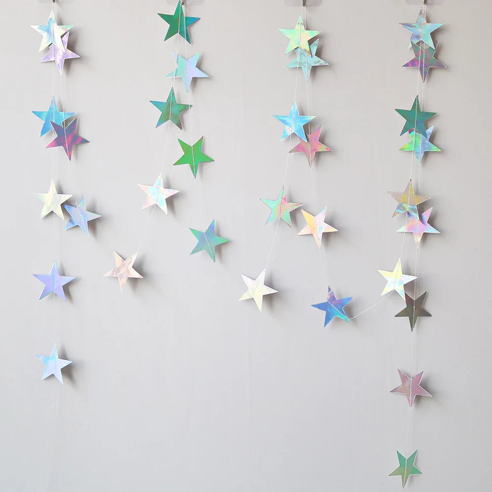 4M Silver Iridescent Paper Garland Star Round String Banners Wedding Birthday Party Home Hanging Decorations Baby Shower Favors