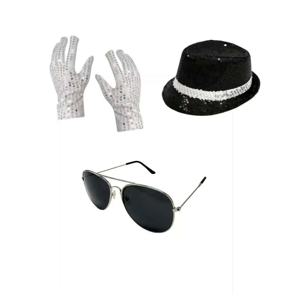 Michael Jackson Costume Accessories Set - Sequin Fedora Hat + Rhinestone Gloves + Aviator Sunglasses, Halloween Cosplay Party Dr