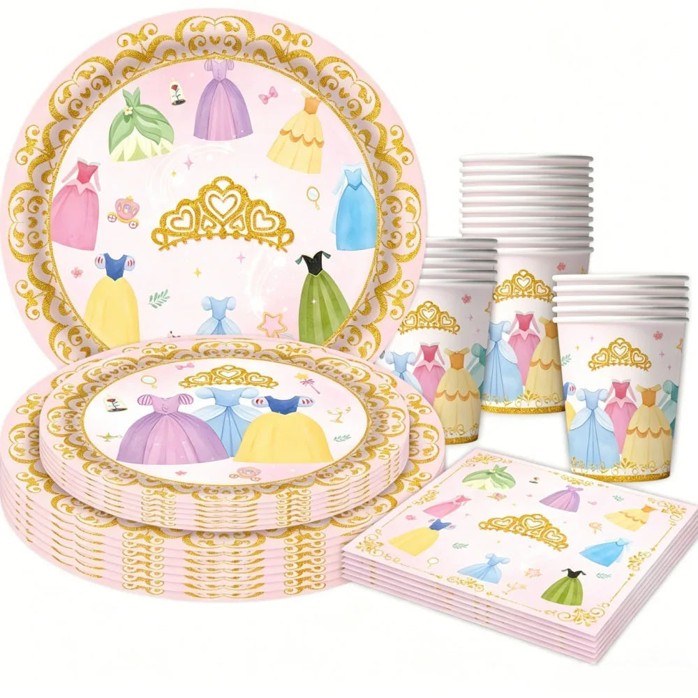 Princess Birthday Party Decorations Kit Paper Cup Plate Napkin Tablecloth  Banner Pink Party Supplies Disposable Dinnerware Set