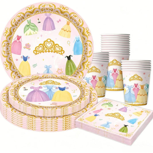 Princess Birthday Party Decorations Kit Paper Cup Plate Napkin Tablecloth  Banner Pink Party Supplies Disposable Dinnerware Set