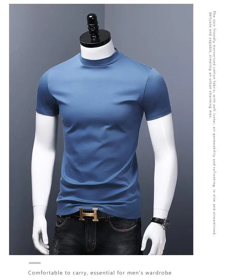 Men's Casual Turtleneck T-Shirts Short Sleeve Solid Slim Fit Silk High Neck Tops Inner Wear Trendy Round Neck Base Layer Shirt