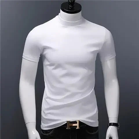 Men's Casual Turtleneck T-Shirts Short Sleeve Solid Slim Fit Silk High Neck Tops Inner Wear Trendy Round Neck Base Layer Shirt