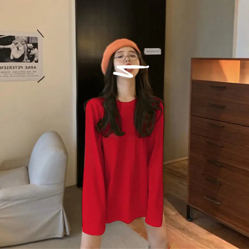 100%cotton Summer Tee T Shirt Women Kawaii T-Shirts Women 2025 Autumn Solid Simple Oversized Tshirt White Long Sleeve Tops