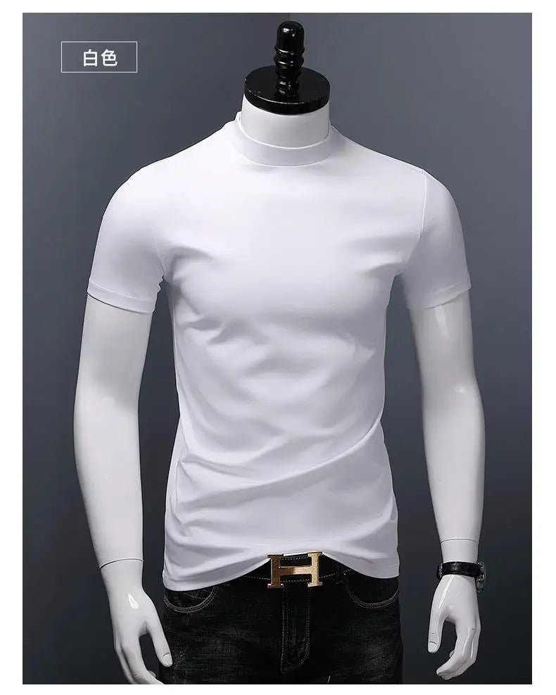 Men's Casual Turtleneck T-Shirts Short Sleeve Solid Slim Fit Silk High Neck Tops Inner Wear Trendy Round Neck Base Layer Shirt