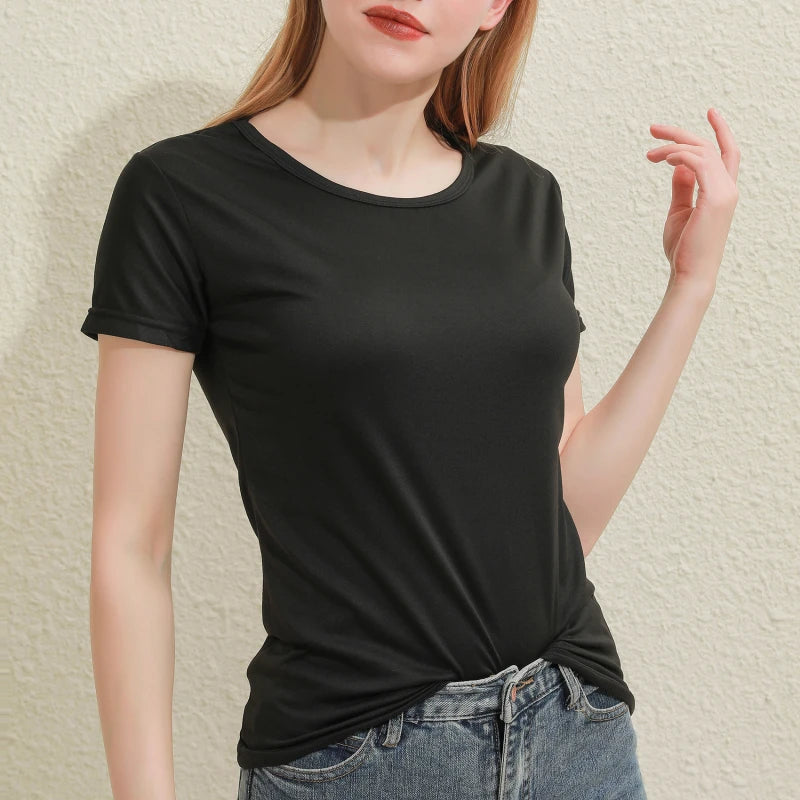 2025 Short T-Shirts Summer Women's Short Sleeve Round Neck Casual Blouse Shirts Solid Color Tops  Black / White