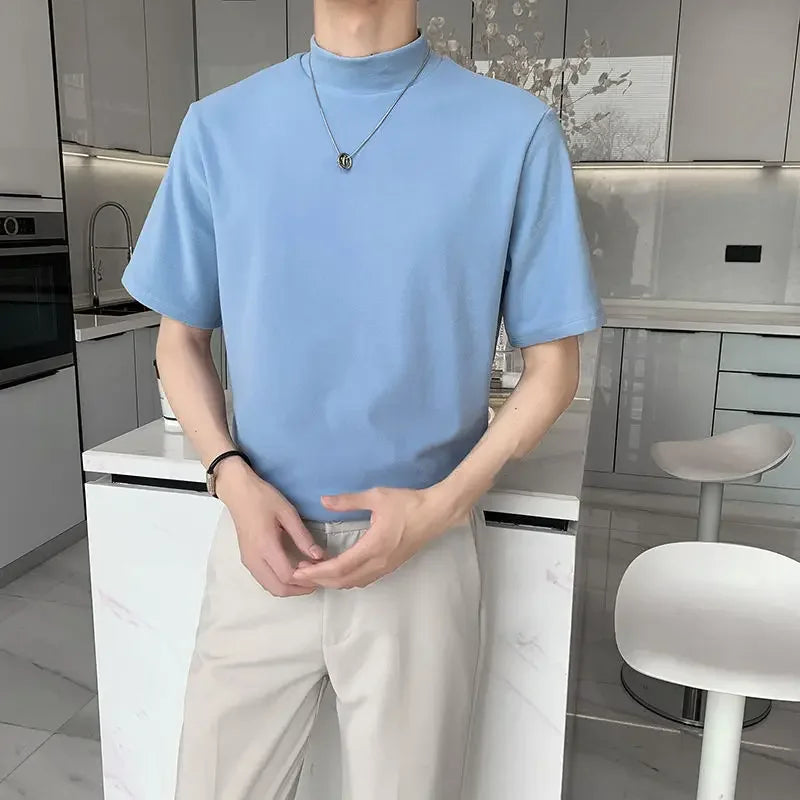 Men's Casual Turtleneck T-Shirts Short Sleeve Solid Slim Fit Silk High Neck Tops Inner Wear Trendy Round Neck Base Layer Shirt