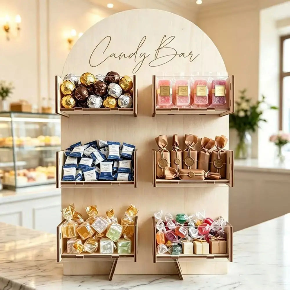 4/6Grids Candy Display Stand Wood Desktop Rack Candy Bar Stand Holder Easy Install Detachable Dessert Snack Display Box