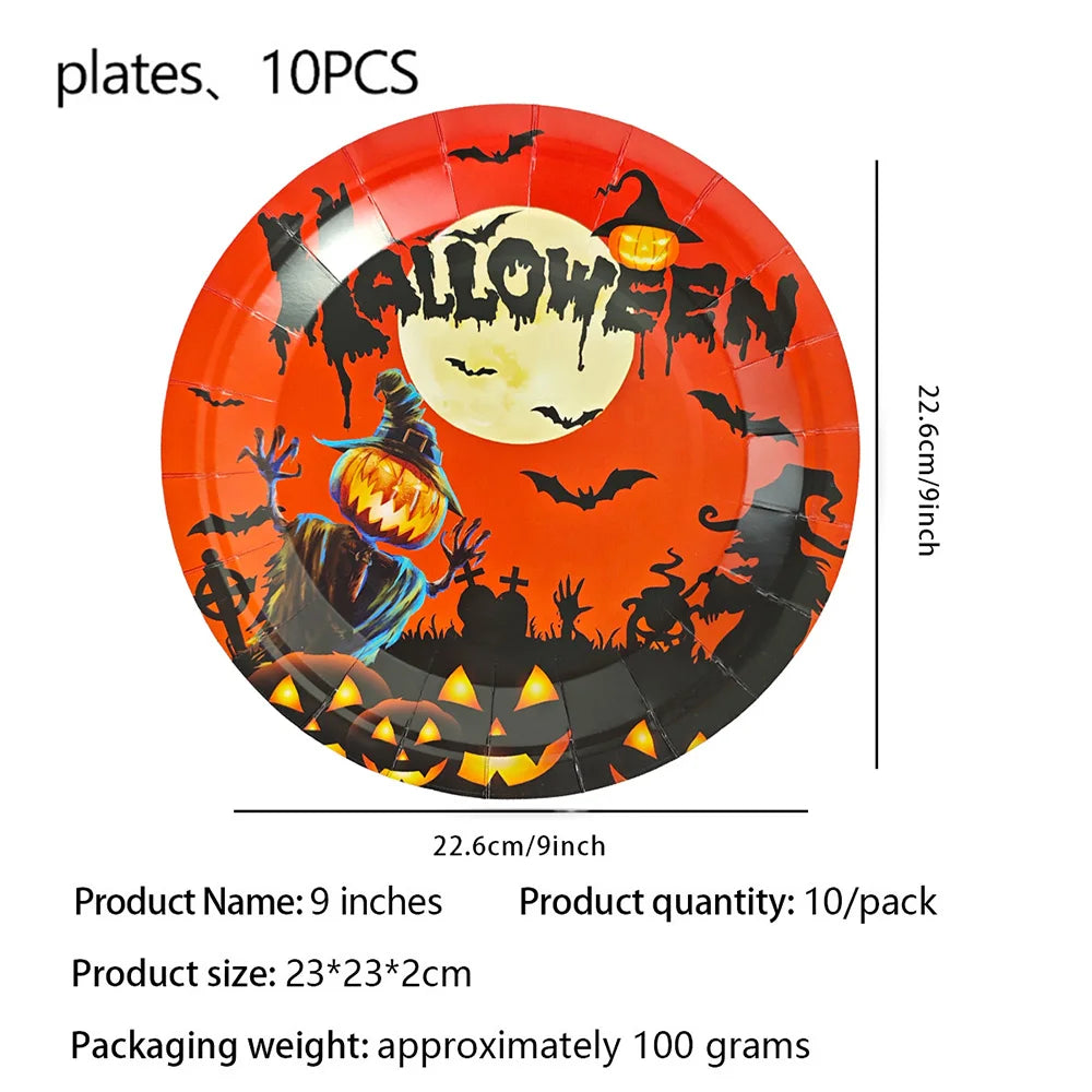 Halloween Theme Disposable Tableware Paper Plates Cups Napkins  Pumpkin Castle Ghost Halloween Party Decor Dinner Table Supplies