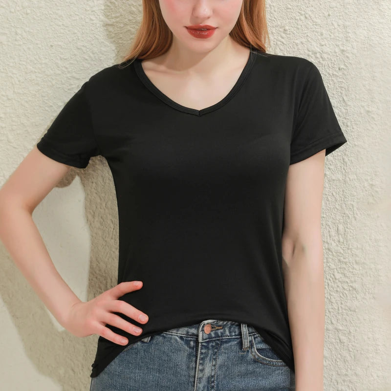 2025 Short T-Shirts Summer Women's Short Sleeve Round Neck Casual Blouse Shirts Solid Color Tops  Black / White