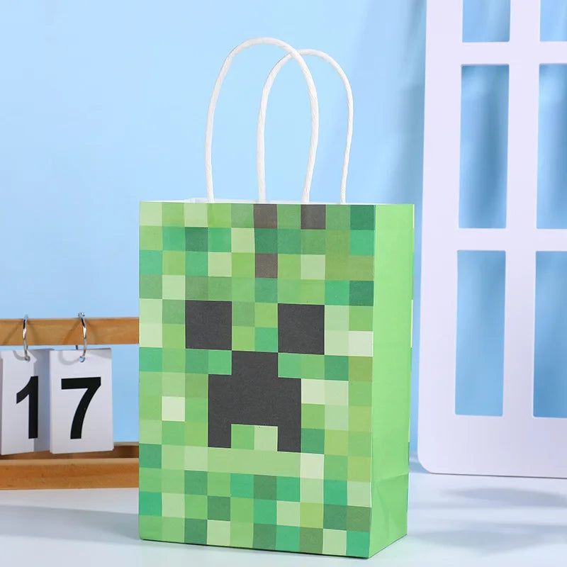 NEW Minecraft Themed Steve Creeper Lawn Handles Kraft Paper Gift Bags Birthday Party Goodie Treat Bags Pixel Game Party Supplies