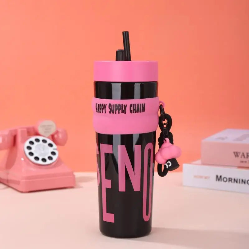 900ML Large Capacity Vacuum Insulated Bottle with Straw Stainless Steel Thermal Water Bottle Leak-proof Portable Outdoor Sports