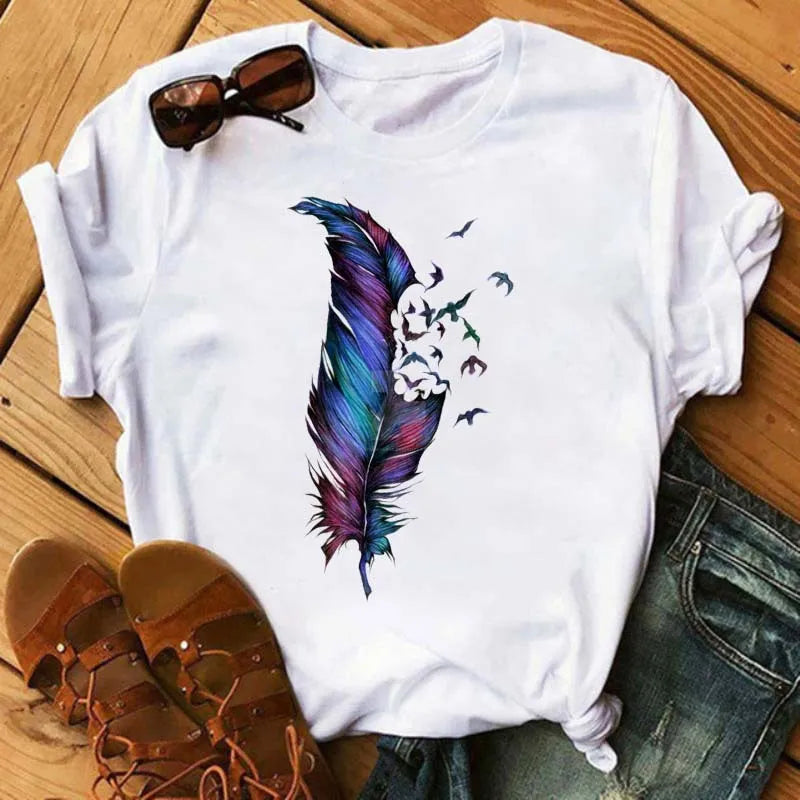 Women's Simple T-shirt Half Sleeve Colorful Flower Butterfly Art Feather Print Short Sleeve T-shirt Tops  Oversized T Shirt