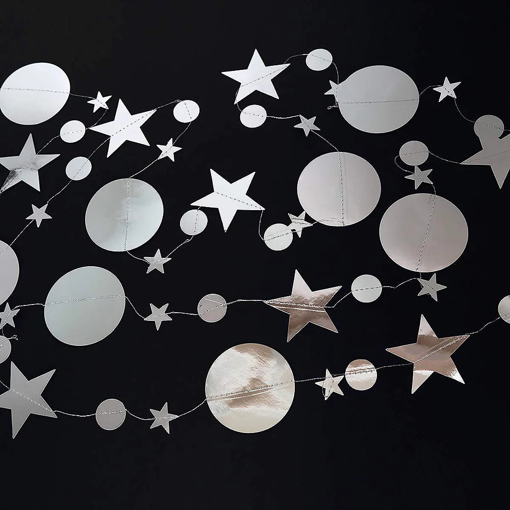 4M Silver Iridescent Paper Garland Star Round String Banners Wedding Birthday Party Home Hanging Decorations Baby Shower Favors