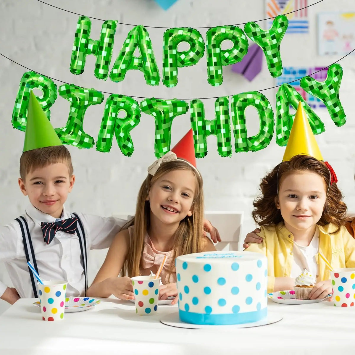Green Pixel Themed Happy Birthday Banner Party Decorations Kit with Pixel Balloons,TNT Pixel Backdrop Supplies for Boys Kids