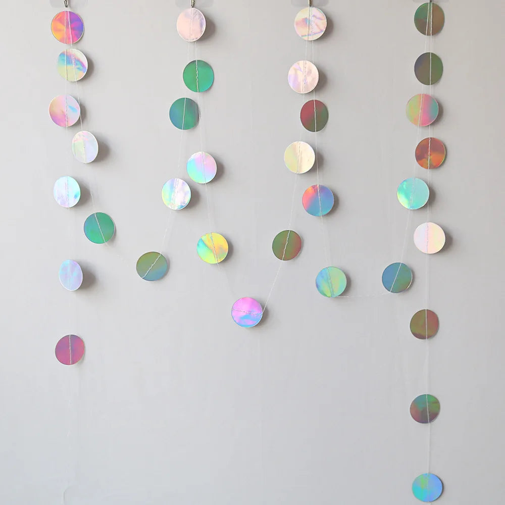 4M Silver Iridescent Paper Garland Star Round String Banners Wedding Birthday Party Home Hanging Decorations Baby Shower Favors