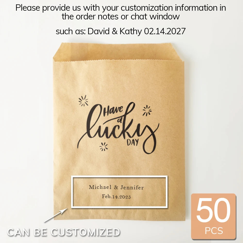50PCS Personalized Wedding Favor Bags Custom Name Date Lottery Game Kraft Paper Perfect for Weddings Engagements Bridal Showers