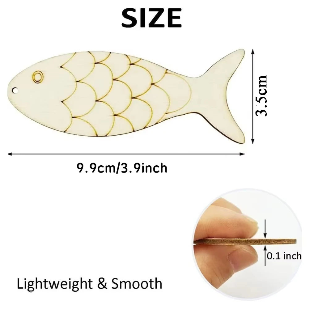 10pcs/set Fish Template Wooden Cutouts Unfinished Wooden Ornaments Blank Wooden Signs Wooden Cutouts with Rope for Home Hanging