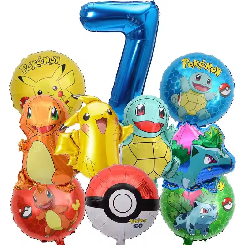 10pcs Pokemon Balloons set Pikachu Pokemon Ball Balloons 32inch Blue Number Balloon for Kids 1-9th Birthday Party Decoration