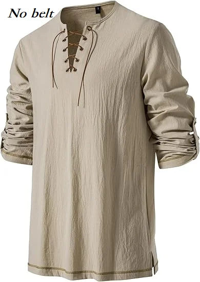 Men's Medieval Lace Up Tunic Shirt Renaissance Viking Pirate Costume Long Sleeve Retro Tops with Belt for Halloween Cosplay