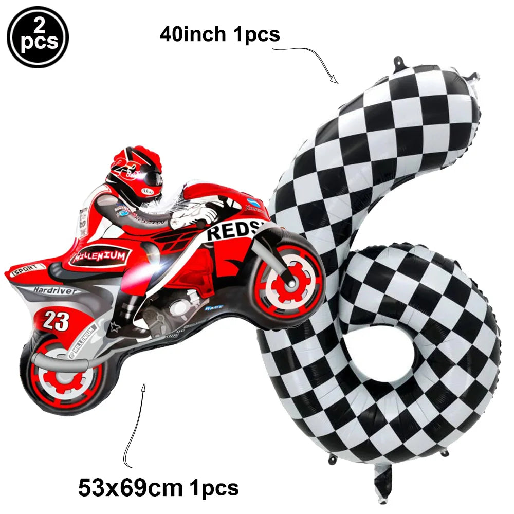 2Pcs Motorcycle Balloon Dirt Bike Foil Balloon Black and White Checkered Number Ballons Motorbike Birthday Racing Party Supplies