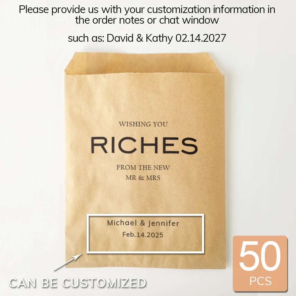50PCS Personalized Wedding Favor Bags Custom Name Date Lottery Game Kraft Paper Perfect for Weddings Engagements Bridal Showers
