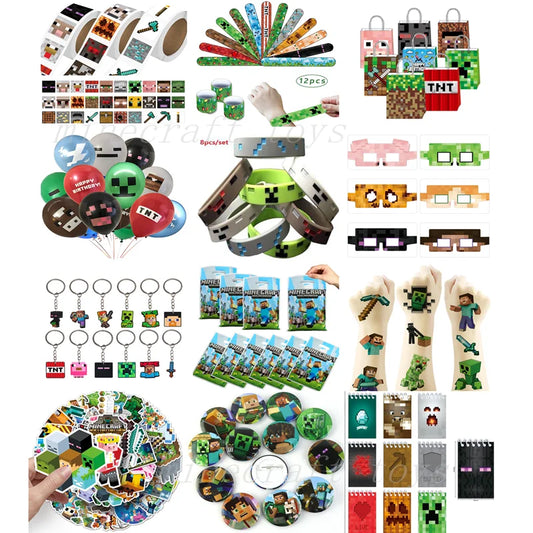 Pixel Game Minecrafte Party Favors Kit Birthday Decor MC Slap Bands Keychains Tattoo Stickers Balloon Gift Treat Bags for Party