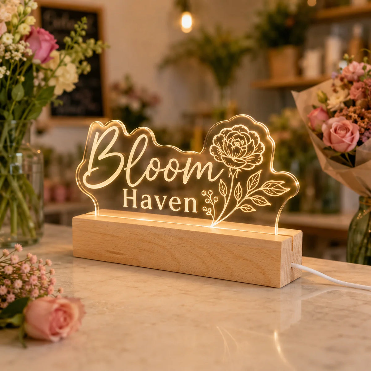 Custom Acrylic Business Logo Sign Personalized Brand QR Plaque Light Lamp Corporate Gifts Wood Social Media Table Decor Sign