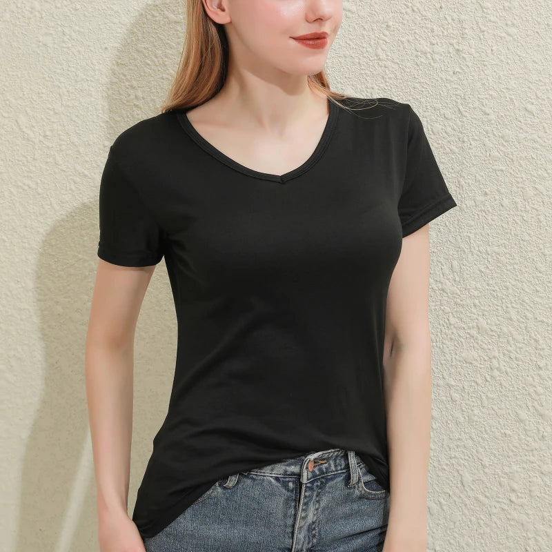 2025 Short T-Shirts Summer Women's Short Sleeve Round Neck Casual Blouse Shirts Solid Color Tops  Black / White